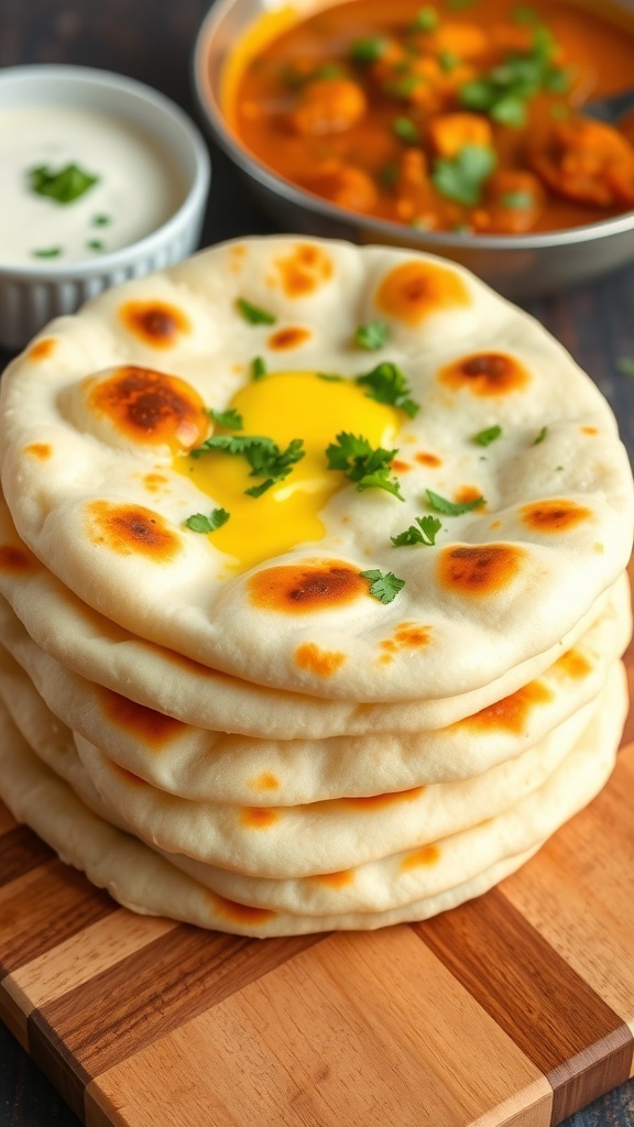 Freshly made naan bread stacked on a wooden board, garnished with cilantro, with curry and yogurt in the background.